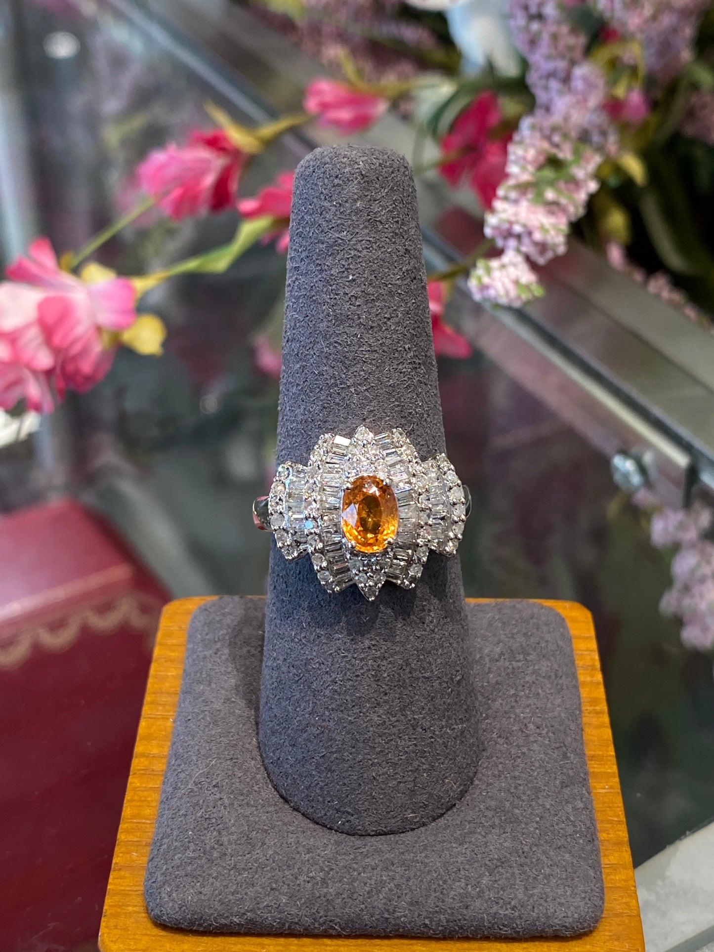 14k White Gold Orange Garnet & Diamond Ring
