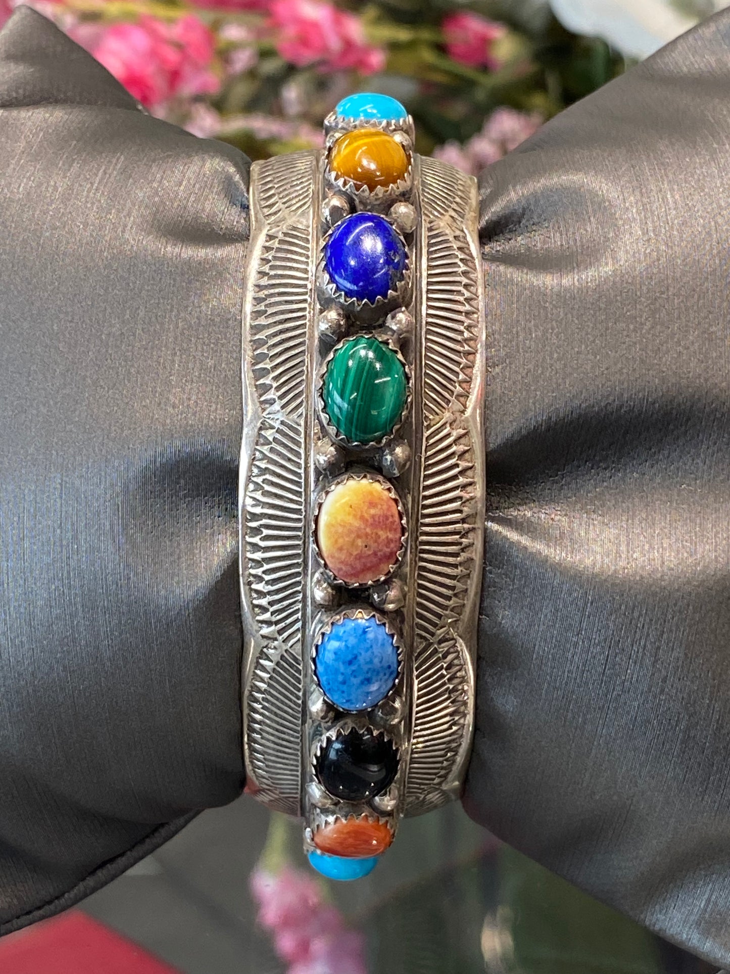 Silver Cuff Bracelet With Colored Stones