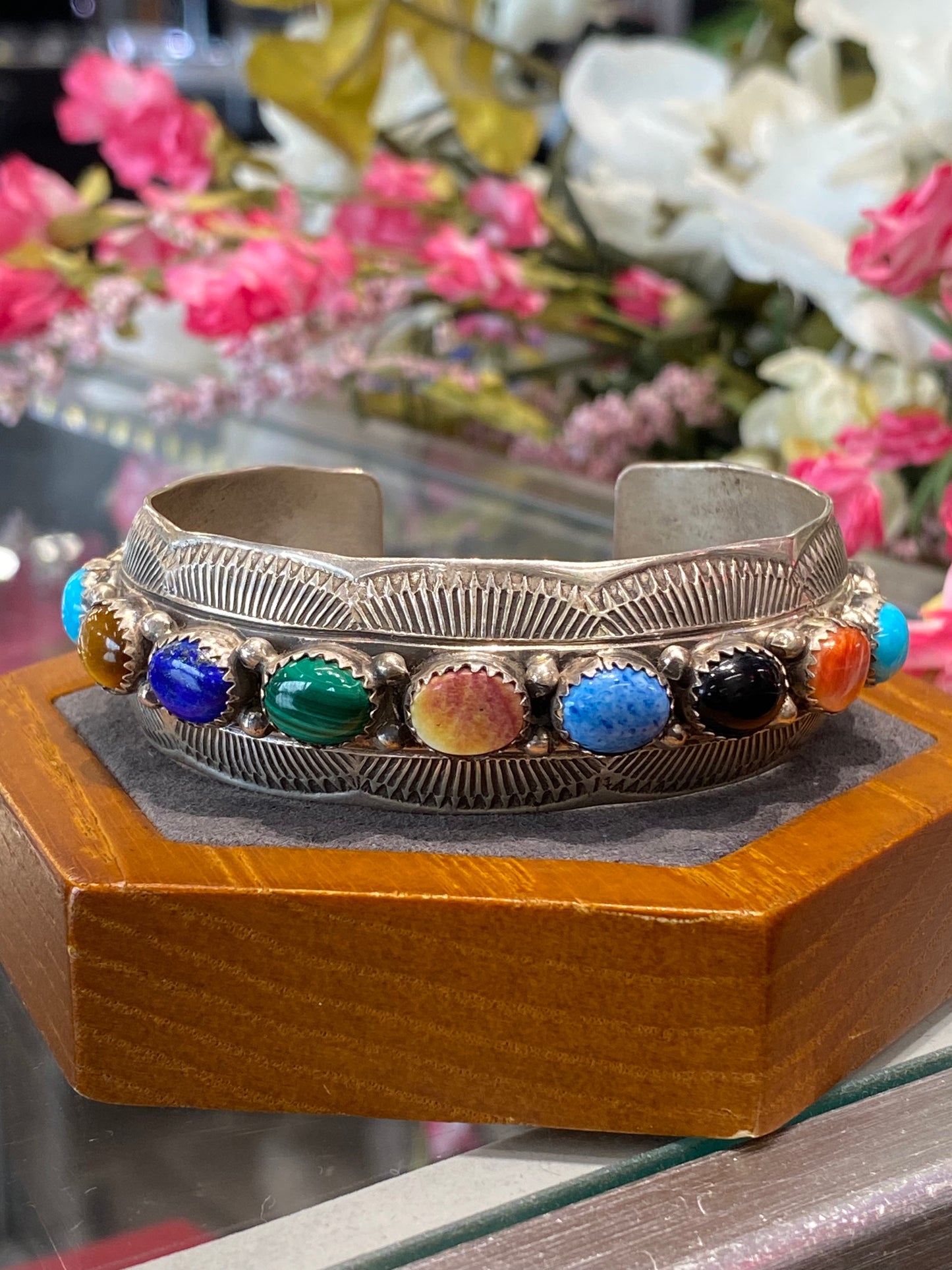 Silver Cuff Bracelet With Colored Stones