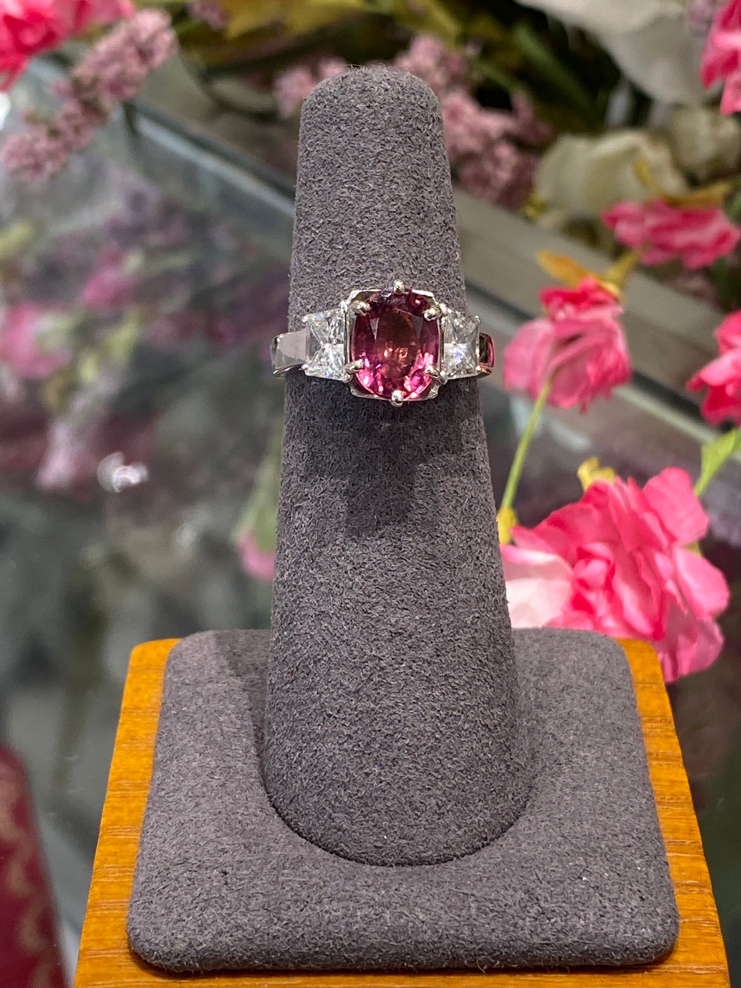 Platinum Ring With A Pink Tourmaline With Diamonds