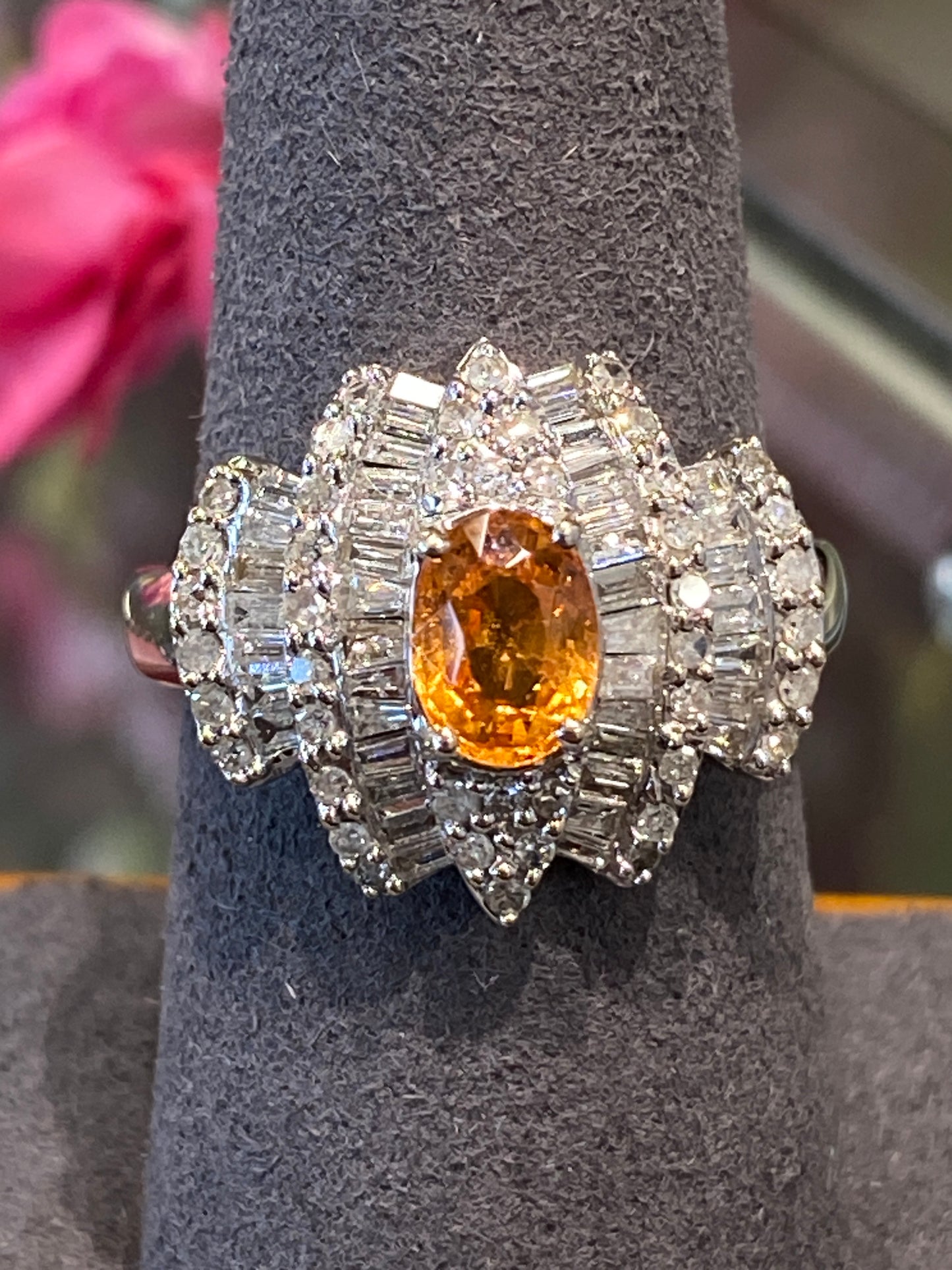 14k White Gold Orange Garnet & Diamond Ring