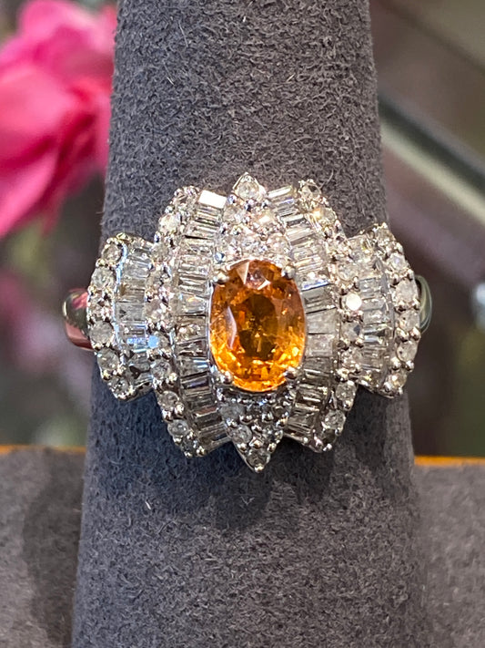 14k White Gold Orange Garnet & Diamond Ring