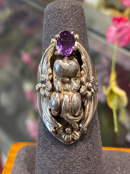 Silver Ring With Design & Colored Stone