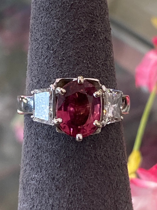 Platinum Ring With A Pink Tourmaline With Diamonds