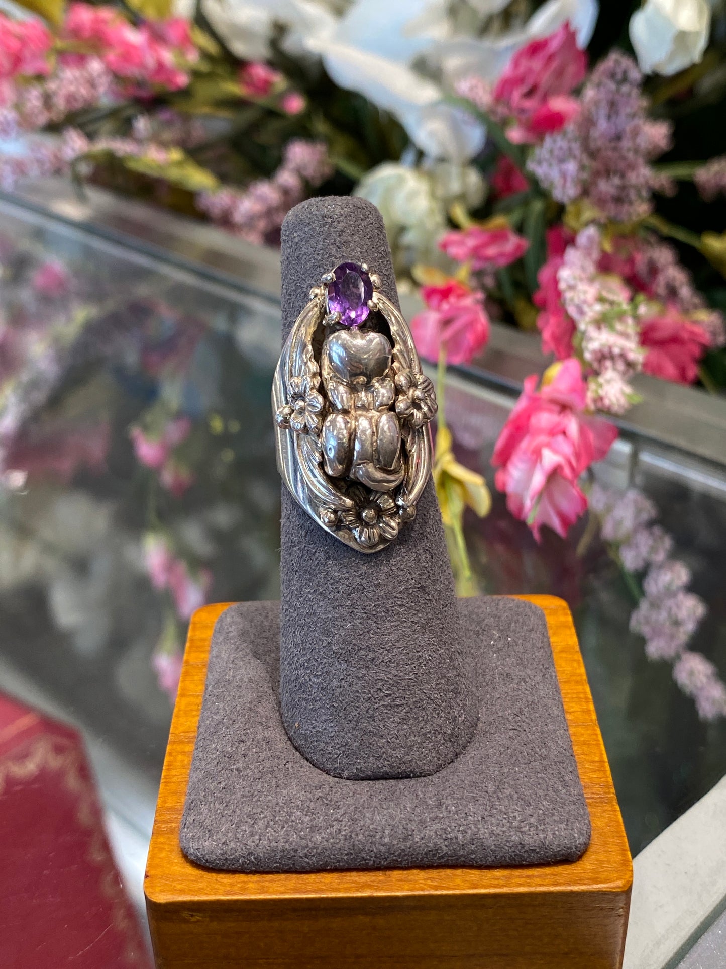 Silver Ring With Design & Colored Stone