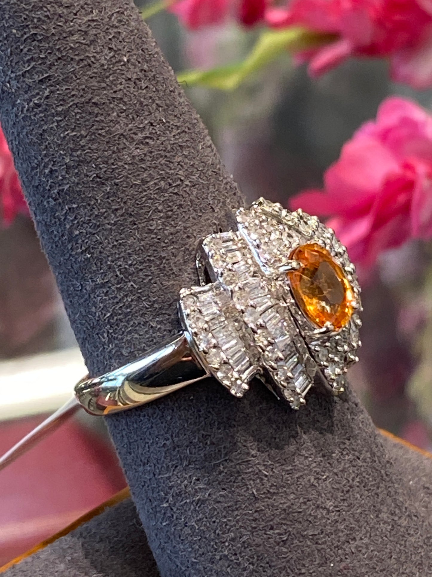 14k White Gold Orange Garnet & Diamond Ring