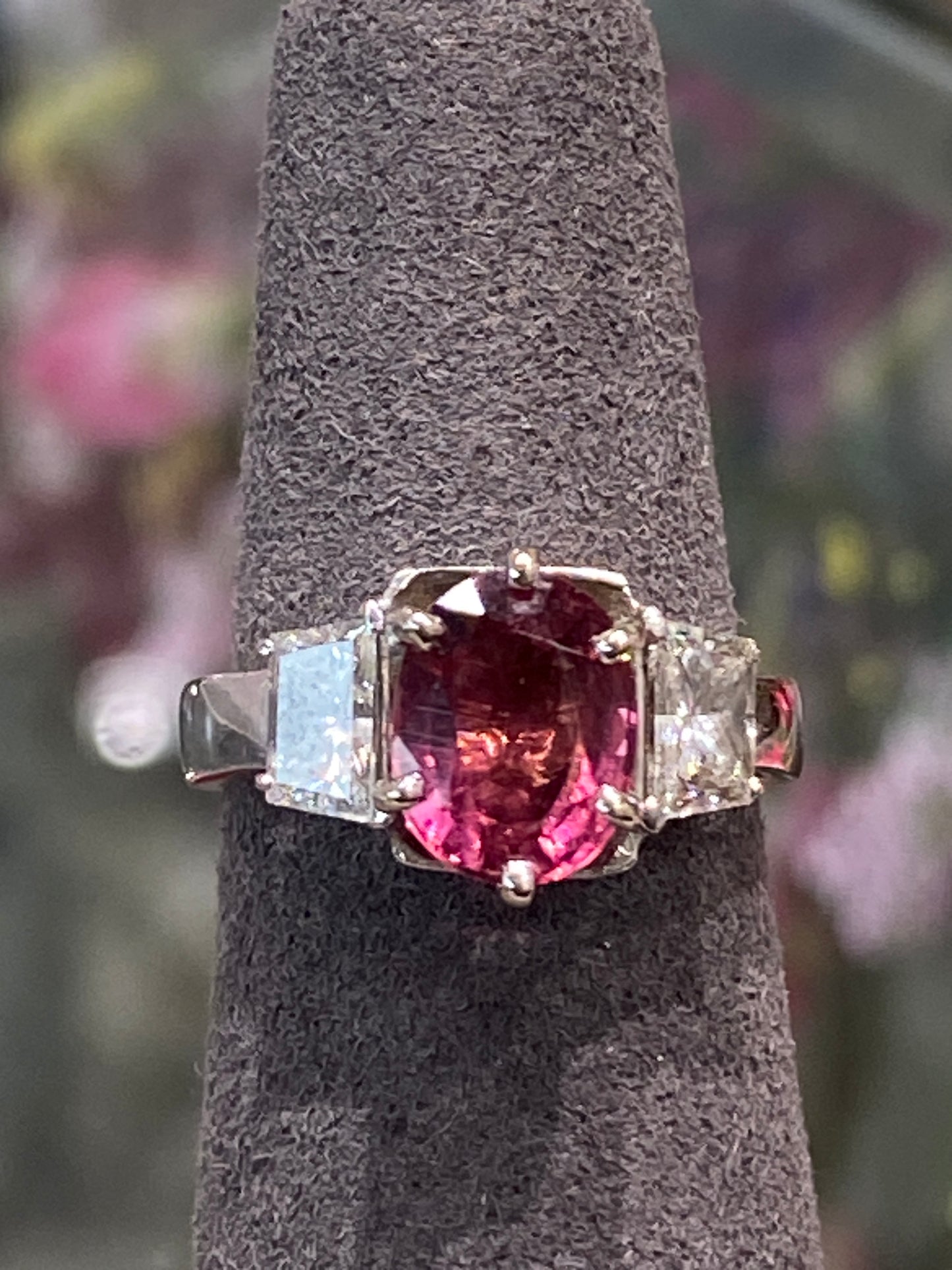 Platinum Ring With A Pink Tourmaline With Diamonds