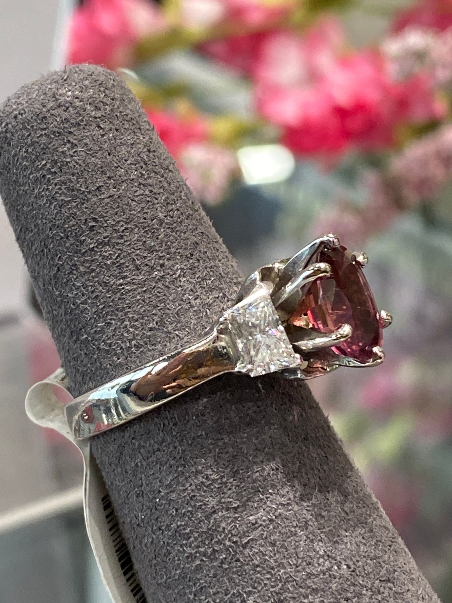 Platinum Ring With A Pink Tourmaline With Diamonds