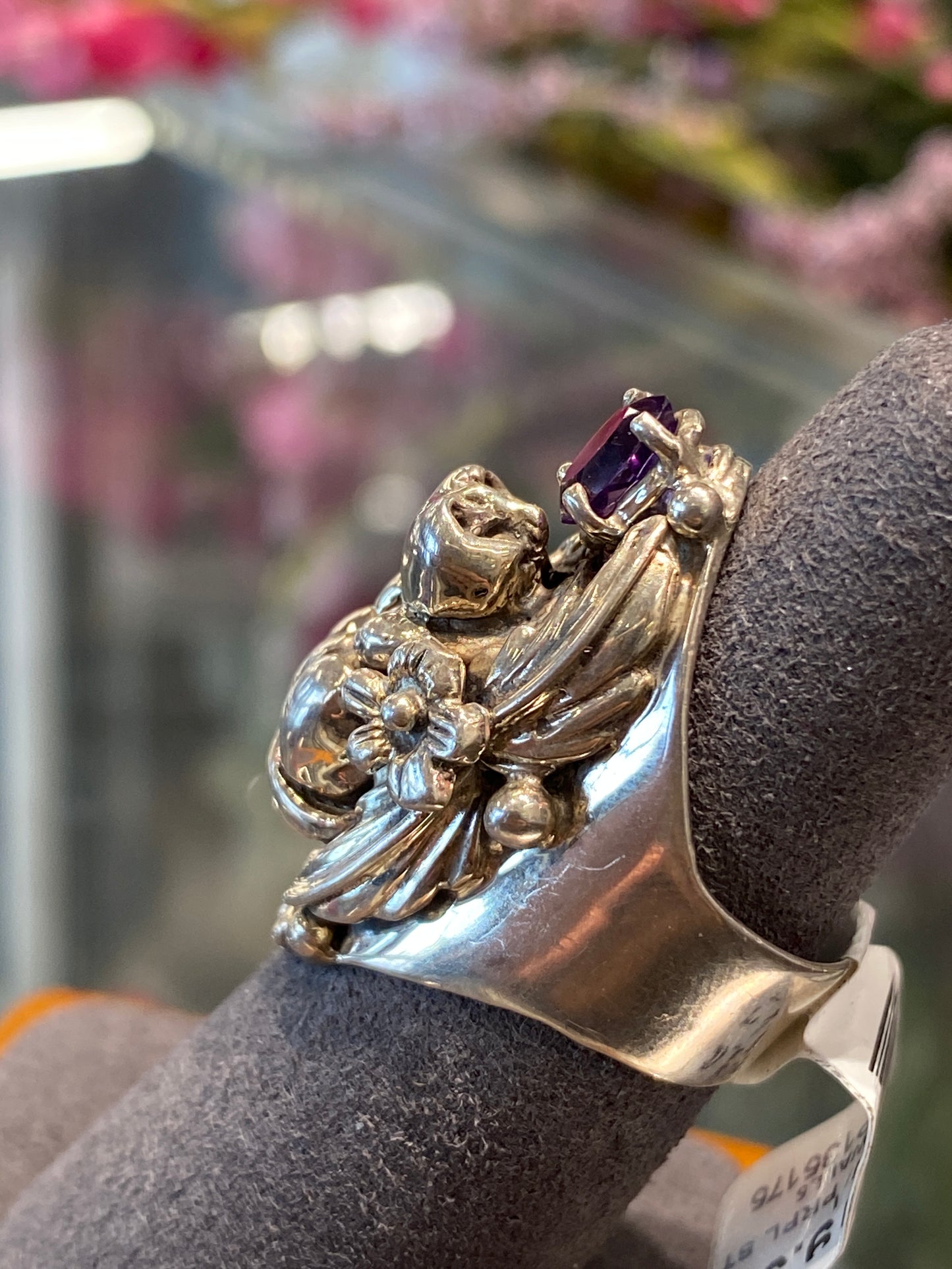 Silver Ring With Design & Colored Stone