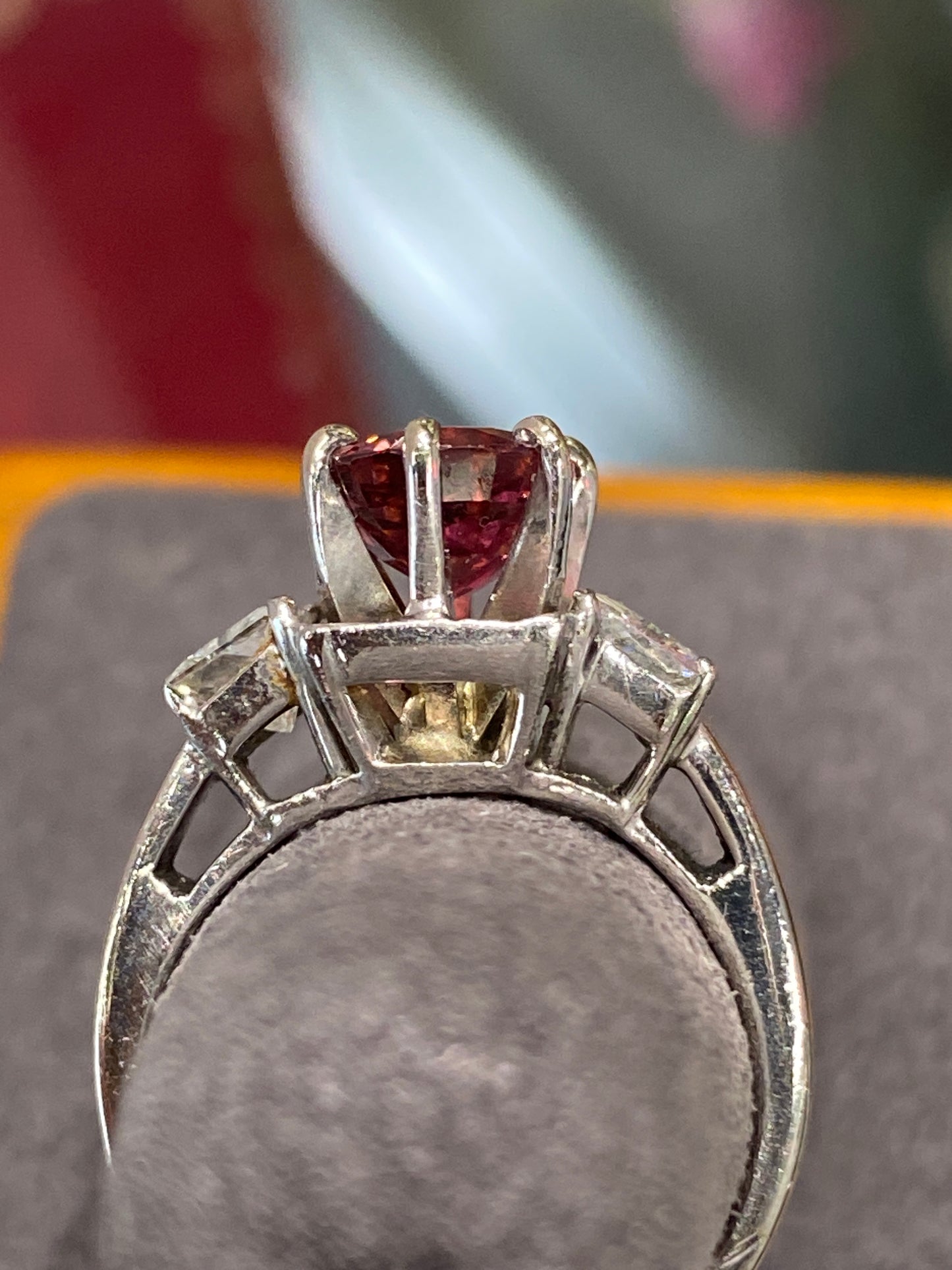 Platinum Ring With A Pink Tourmaline With Diamonds