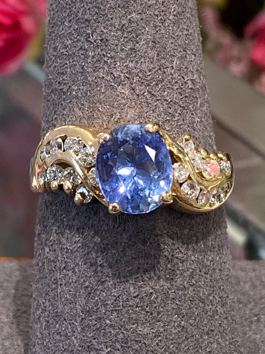 14k Yellow Gold Ring With A Blue Sapphire & Diamonds