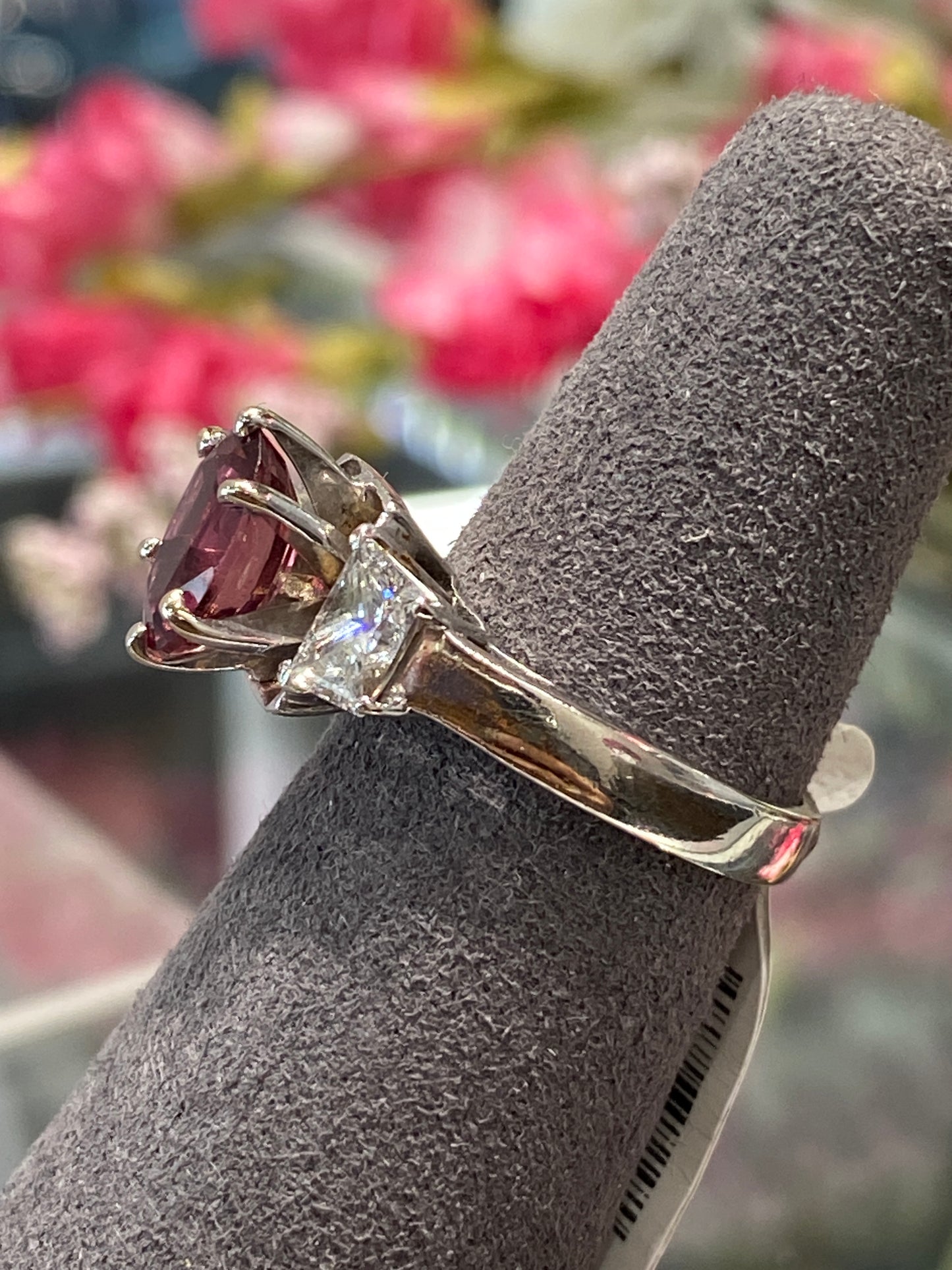 Platinum Ring With A Pink Tourmaline With Diamonds