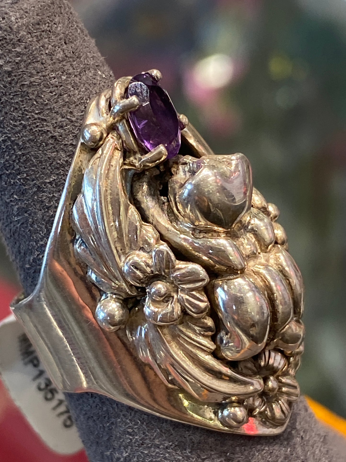 Silver Ring With Design & Colored Stone