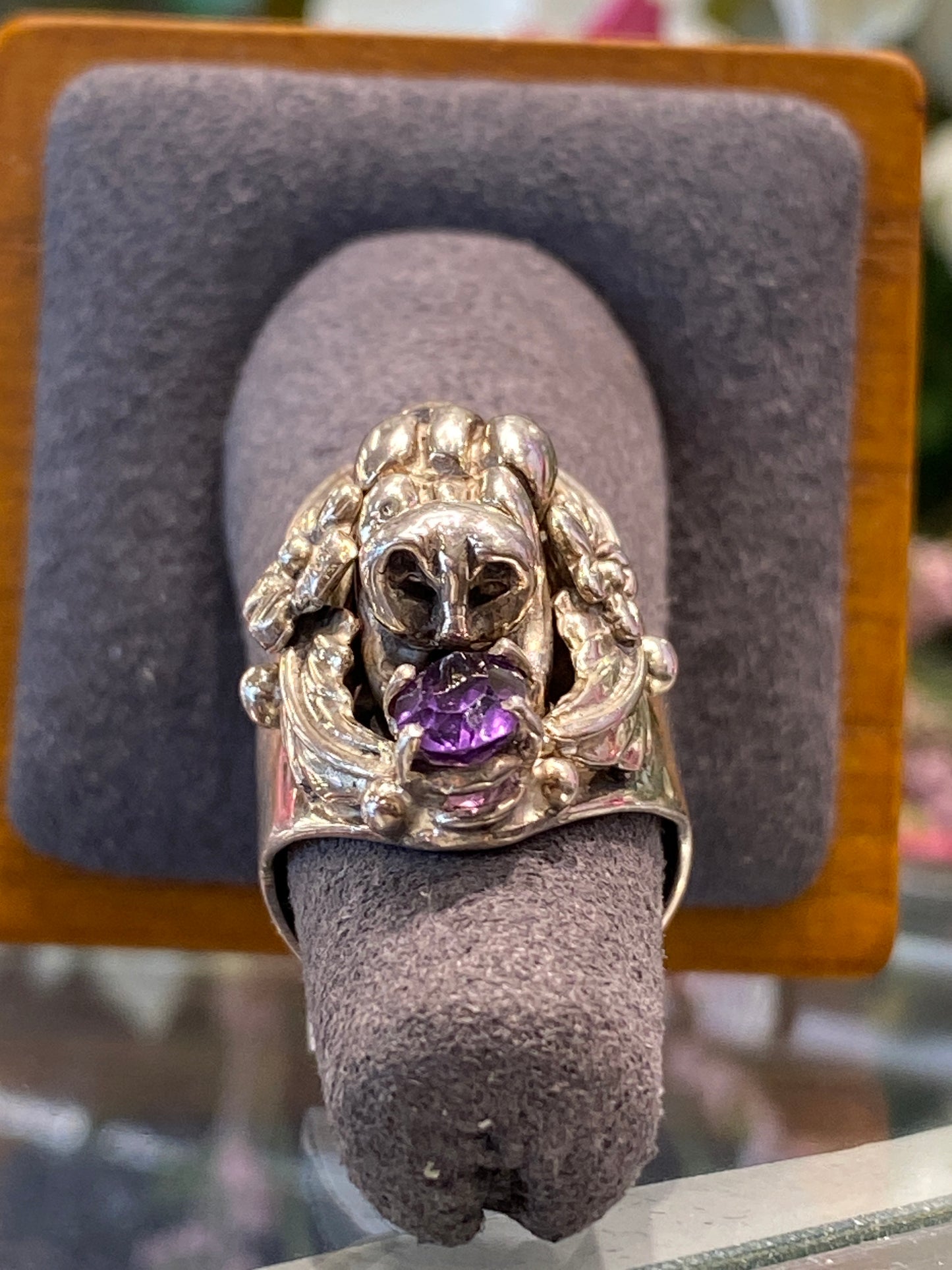 Silver Ring With Design & Colored Stone
