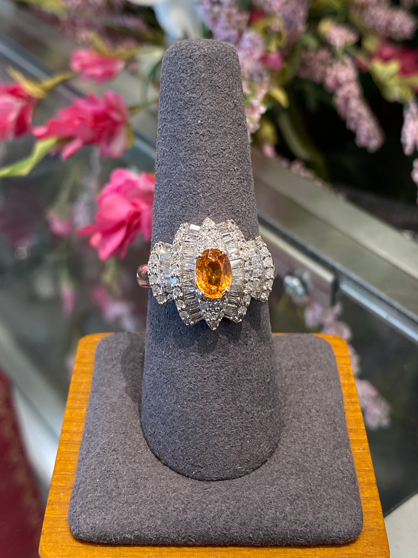 14k White Gold Orange Garnet & Diamond Ring