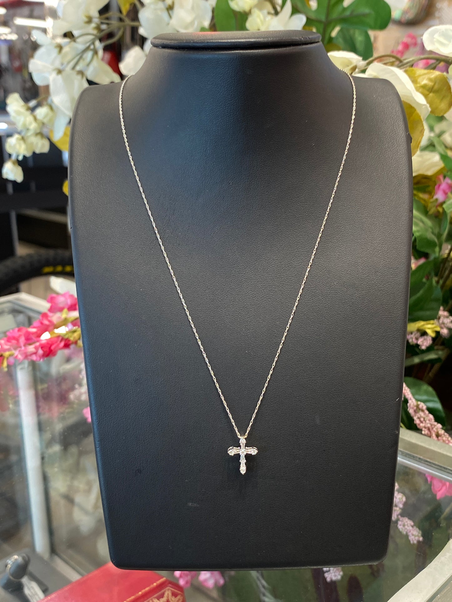 14k White Gold Chain With Diamond Cross