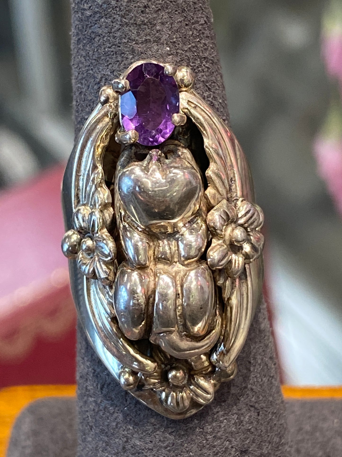 Silver Ring With Design & Colored Stone