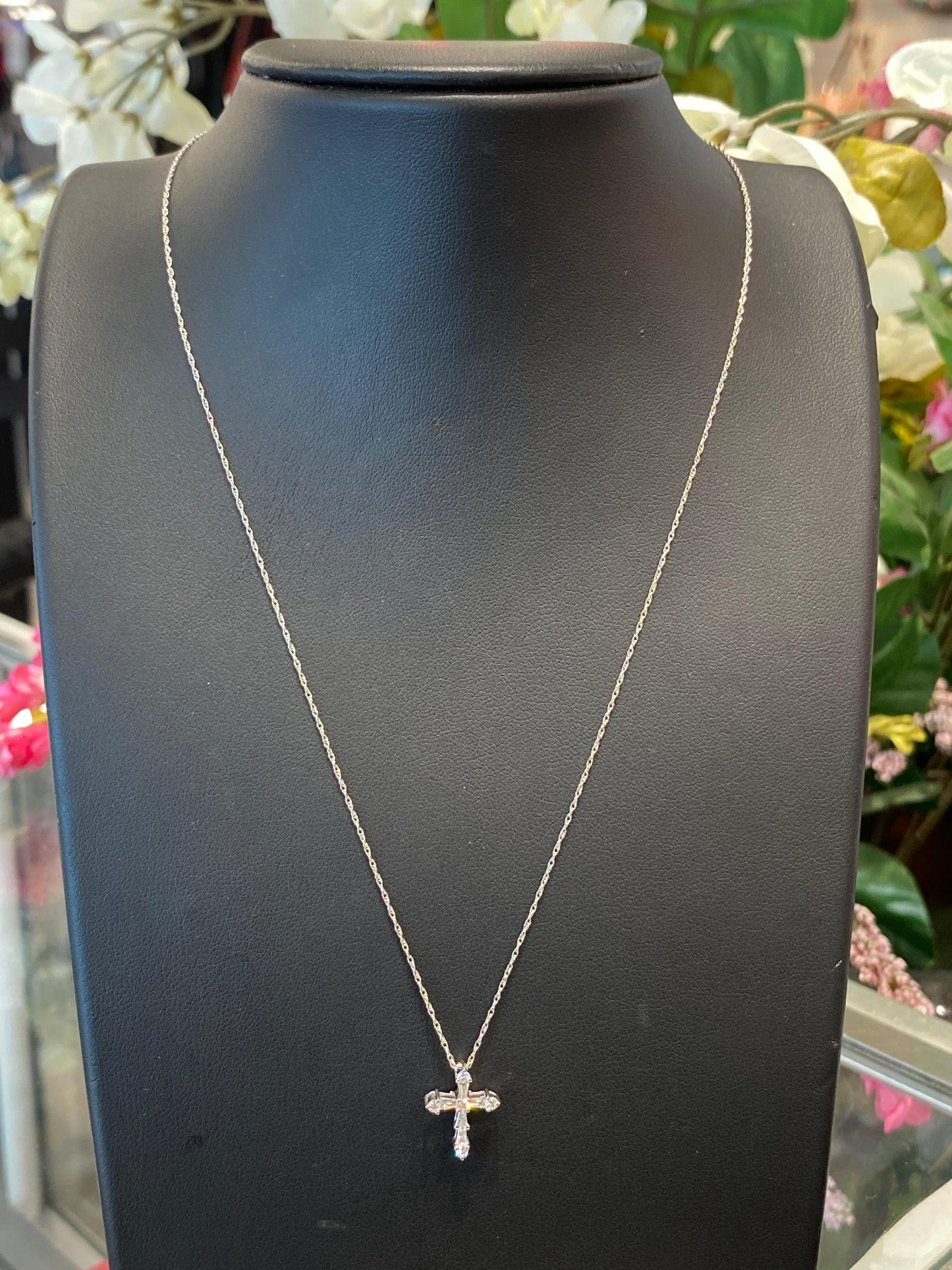 14k White Gold Chain With Diamond Cross