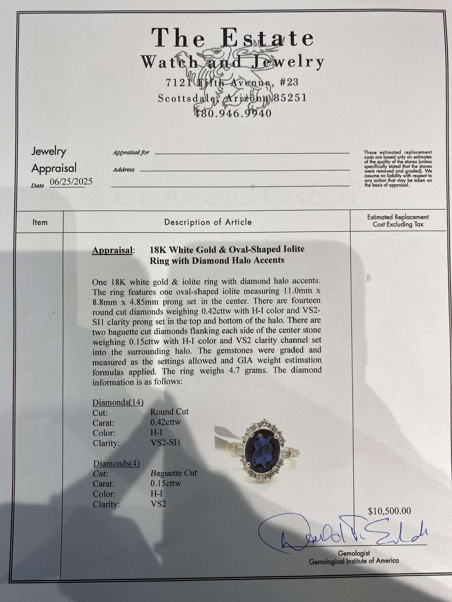 18k White Gold Iolite & Diamond Ring