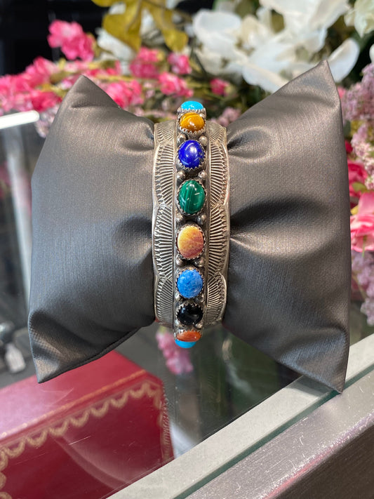 Silver Cuff Bracelet With Colored Stones