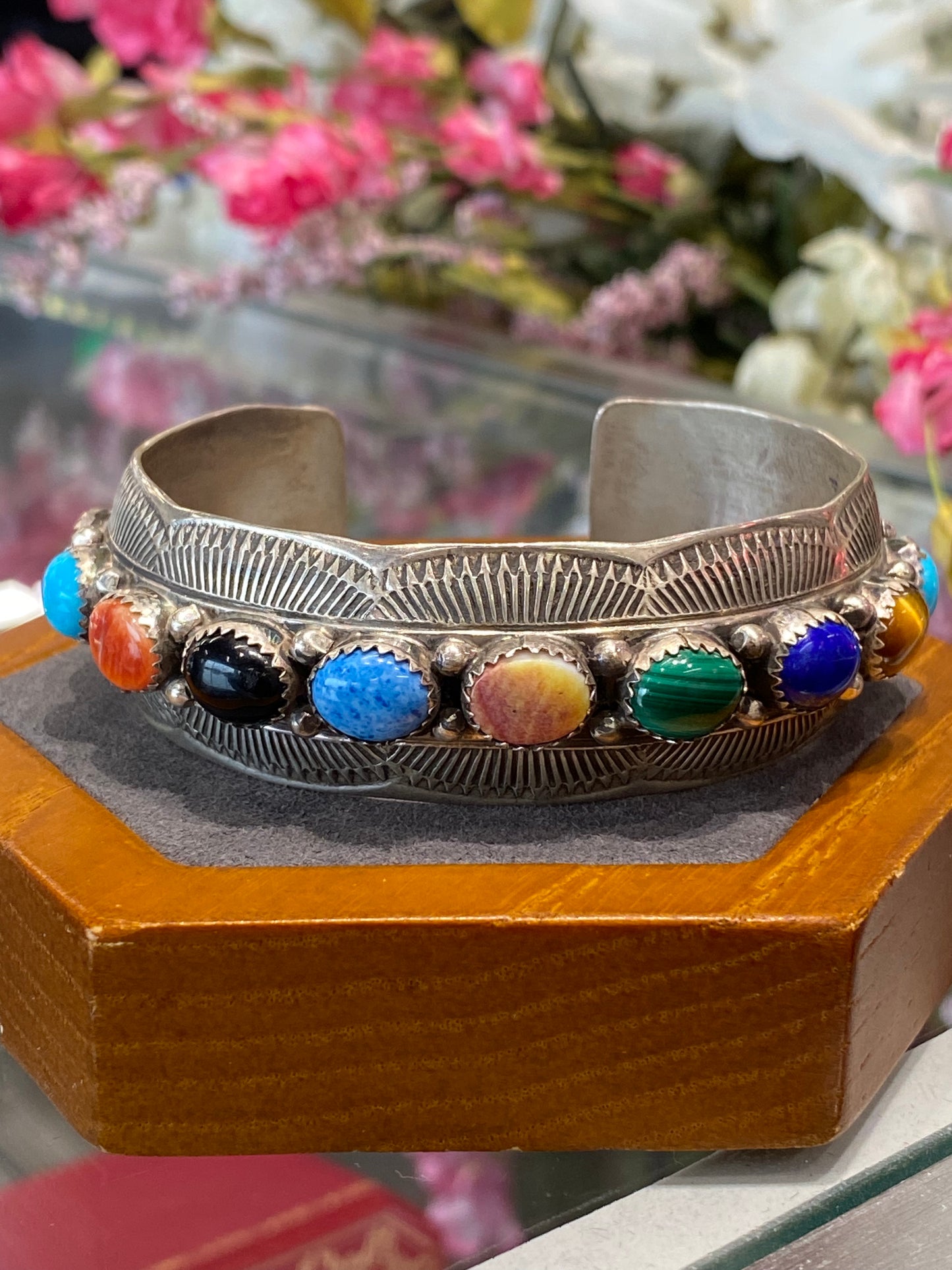 Silver Cuff Bracelet With Colored Stones