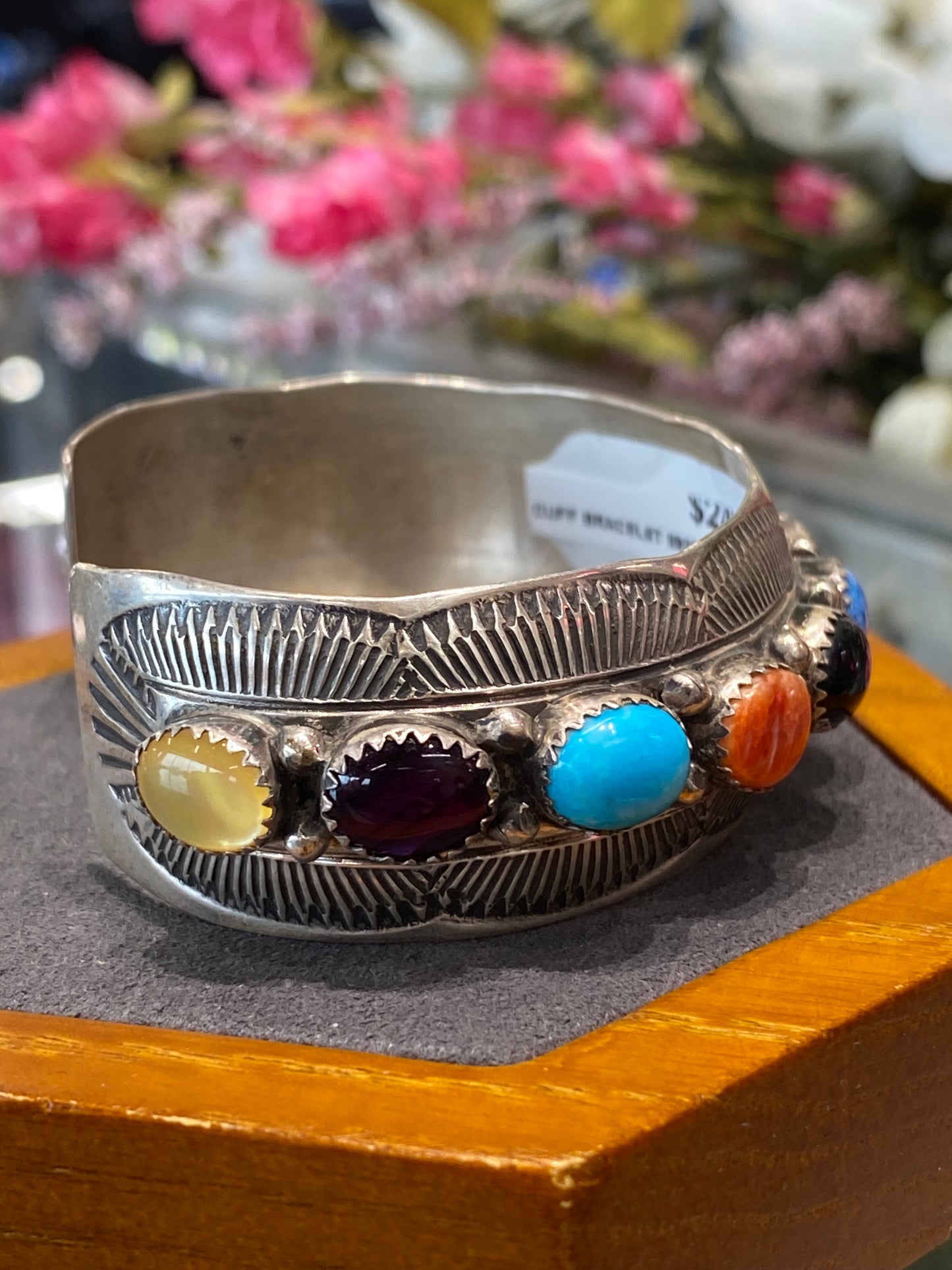 Silver Cuff Bracelet With Colored Stones